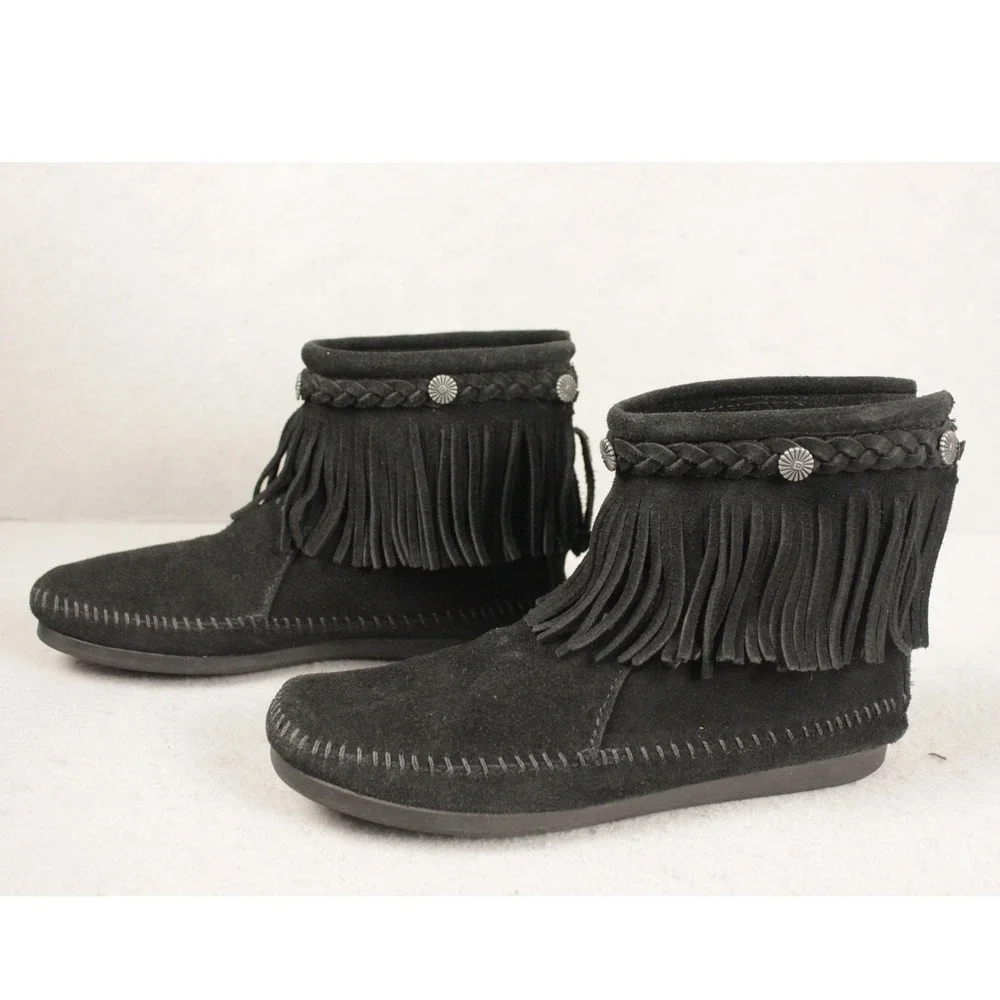 Minnetonka 299 Black Suede Back Zip Fringe Ankle Boots Womens 8‎ Concho Boho